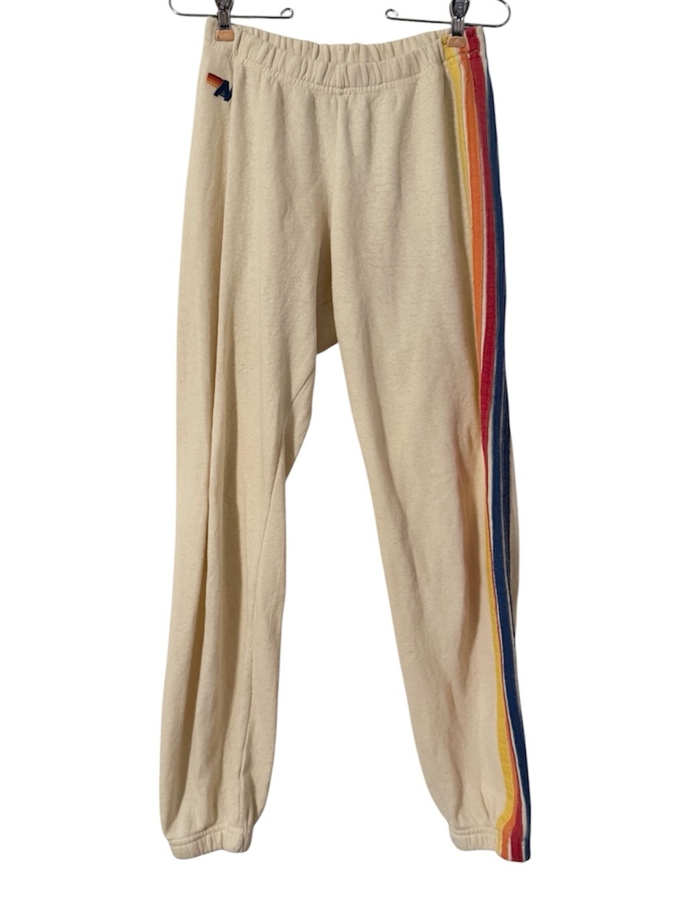 Aviator Nation Cream Joggers with 5 Rainbow Side Stripes Sz S *Flaw*